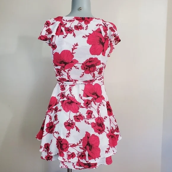 Free People "French Quarter" Red Floral Ruffle Mini Wrap Dress Size XS - Picture 6 of 15